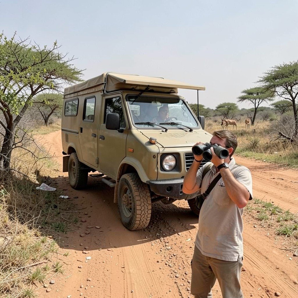 A safari vehicle on a dirt track in West African savanna, guide with binoculars, distant antelopes, no visible text, no logos, no watermark, aspect ratio 4:3