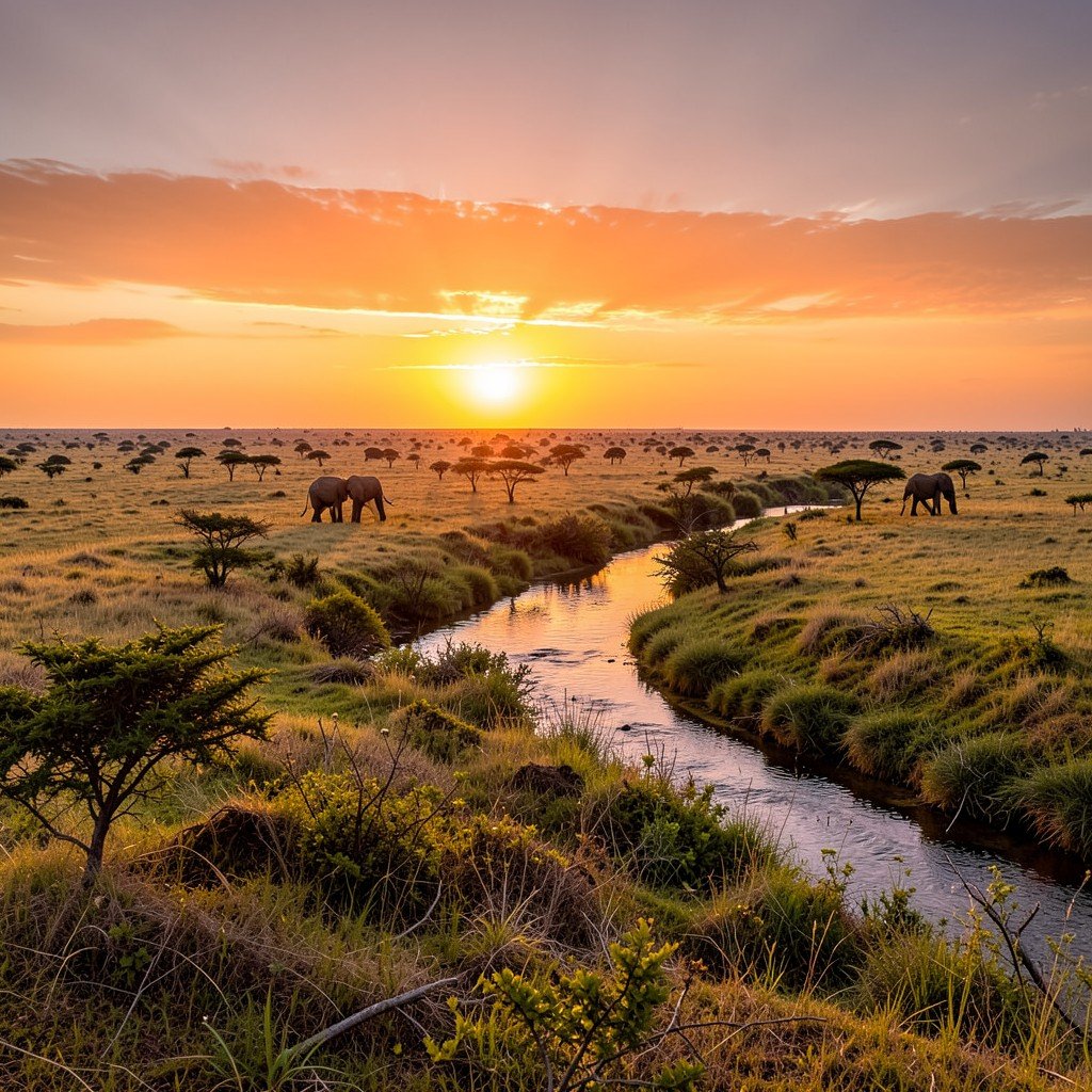 Sunset over a wide West African savanna with a winding river and distant elephants, conservation landscape, no visible text, no logos, no watermark, aspect ratio 1:1
