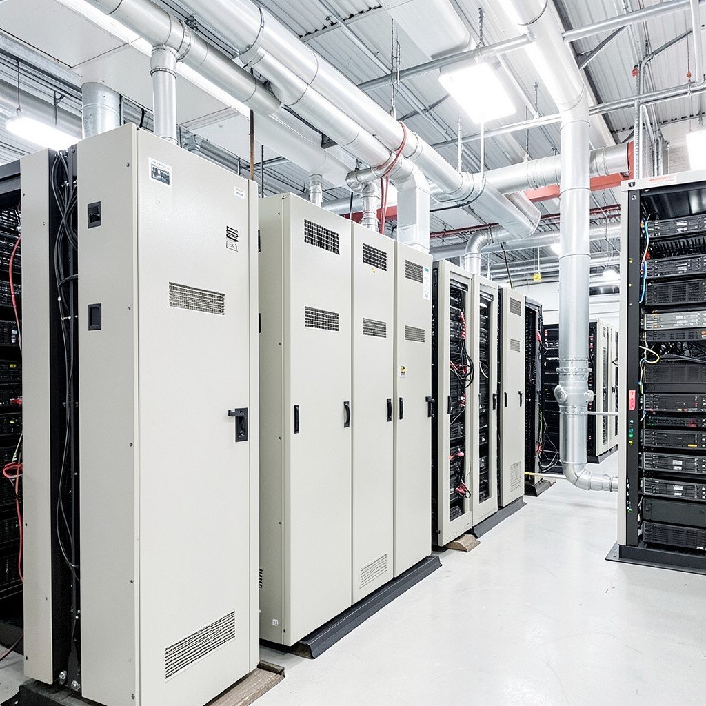 Modular data center cooling units and industrial pipes in a bright server facility, no visible text, no logos, no watermark, aspect ratio 4:3