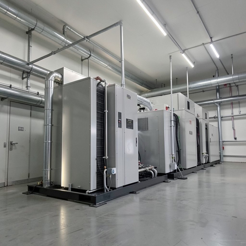 Industrial cooling equipment in a modern facility with soft upward lighting, symbolizing growth, no visible text, no logos, no watermark, aspect ratio 1:1