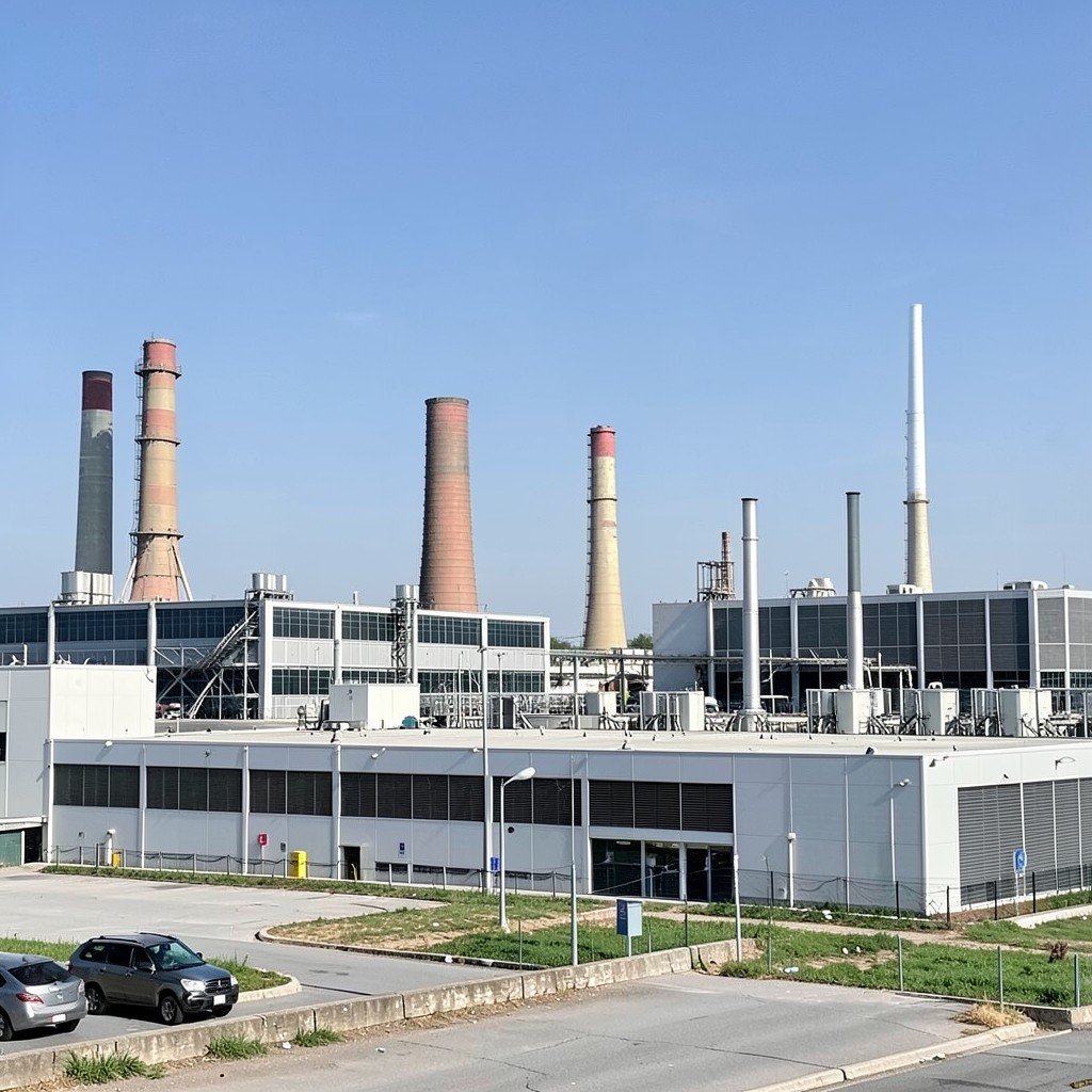Wide view of a modern data center campus with industrial cooling towers and clean sky, no visible text, no logos, no watermark, aspect ratio 4:3
