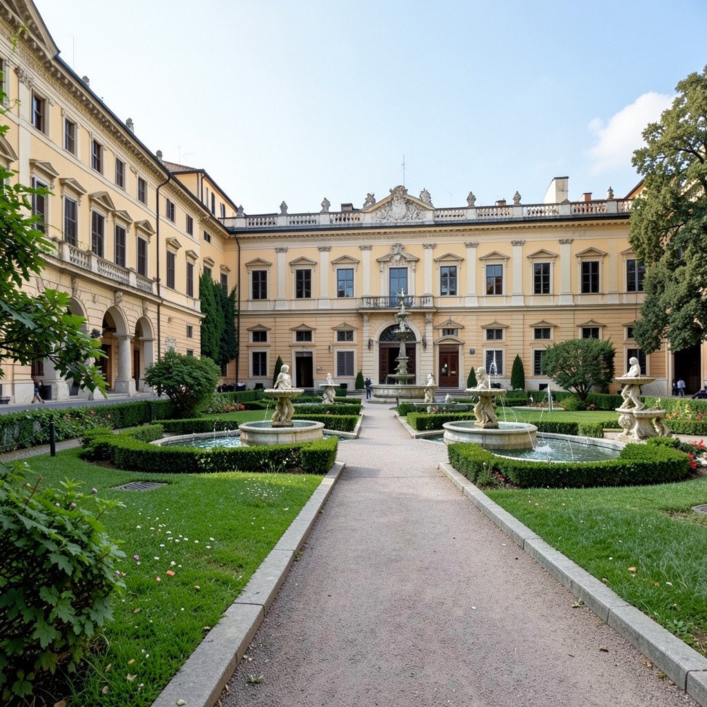 A quiet view of a historic palace garden with walking paths and fountains in Caserta Italy, inviting travel planning mood, no visible text, no logos, no watermark, aspect ratio 1:1