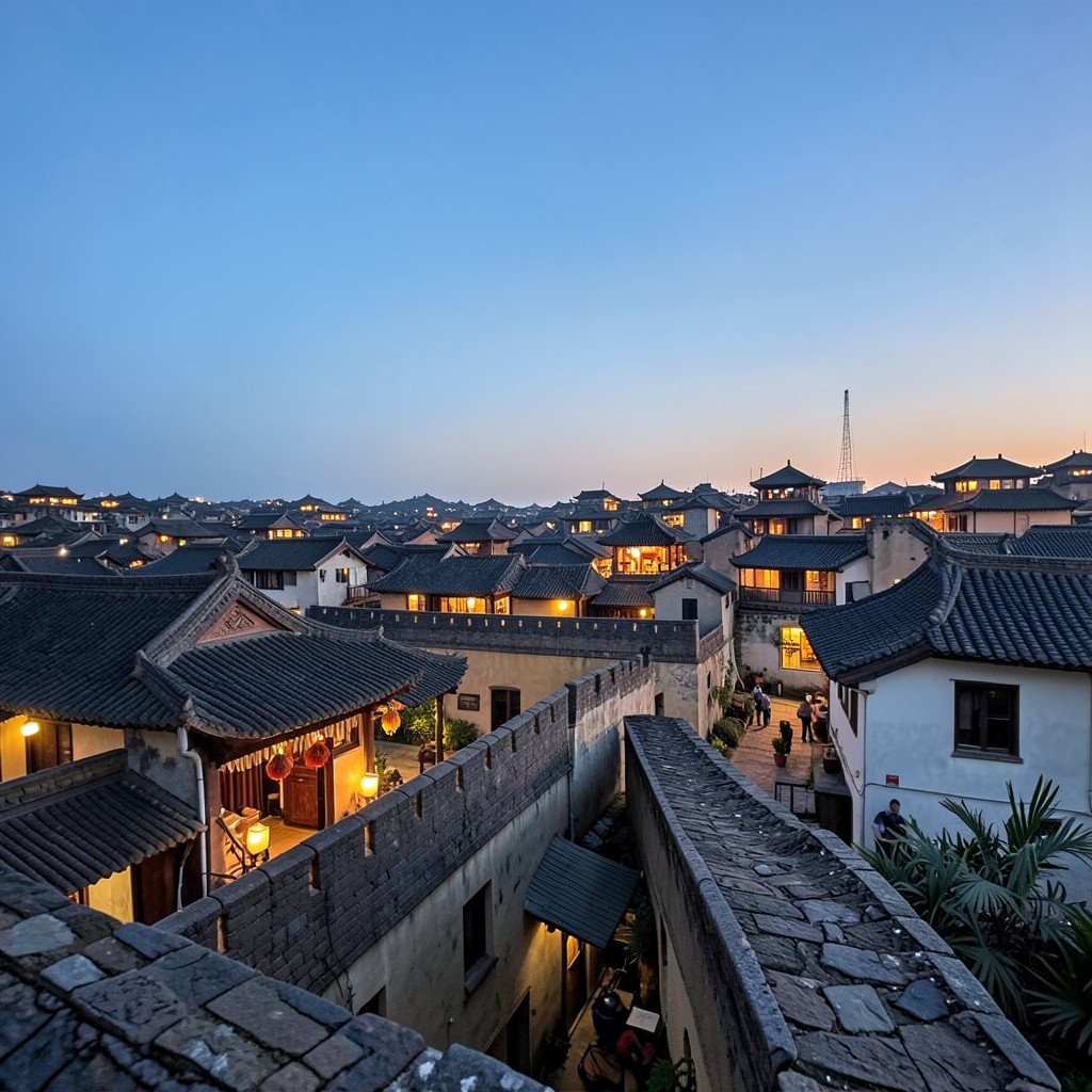 A serene evening view of Ping Yao ancient city rooftops and city wall under a clear sky, warm lights from traditional houses, no visible text, no logos, no watermark, aspect ratio 1:1