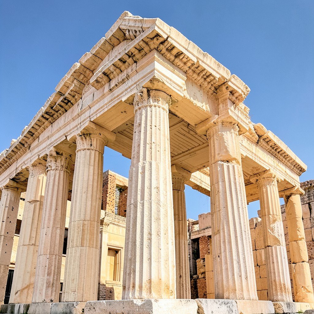 Close view of well preserved Doric stone columns of the Temple of Concordia in Agrigento, warm limestone, blue sky, historical archaeological site, no visible text, no logos, no watermark, aspect ratio 1:1