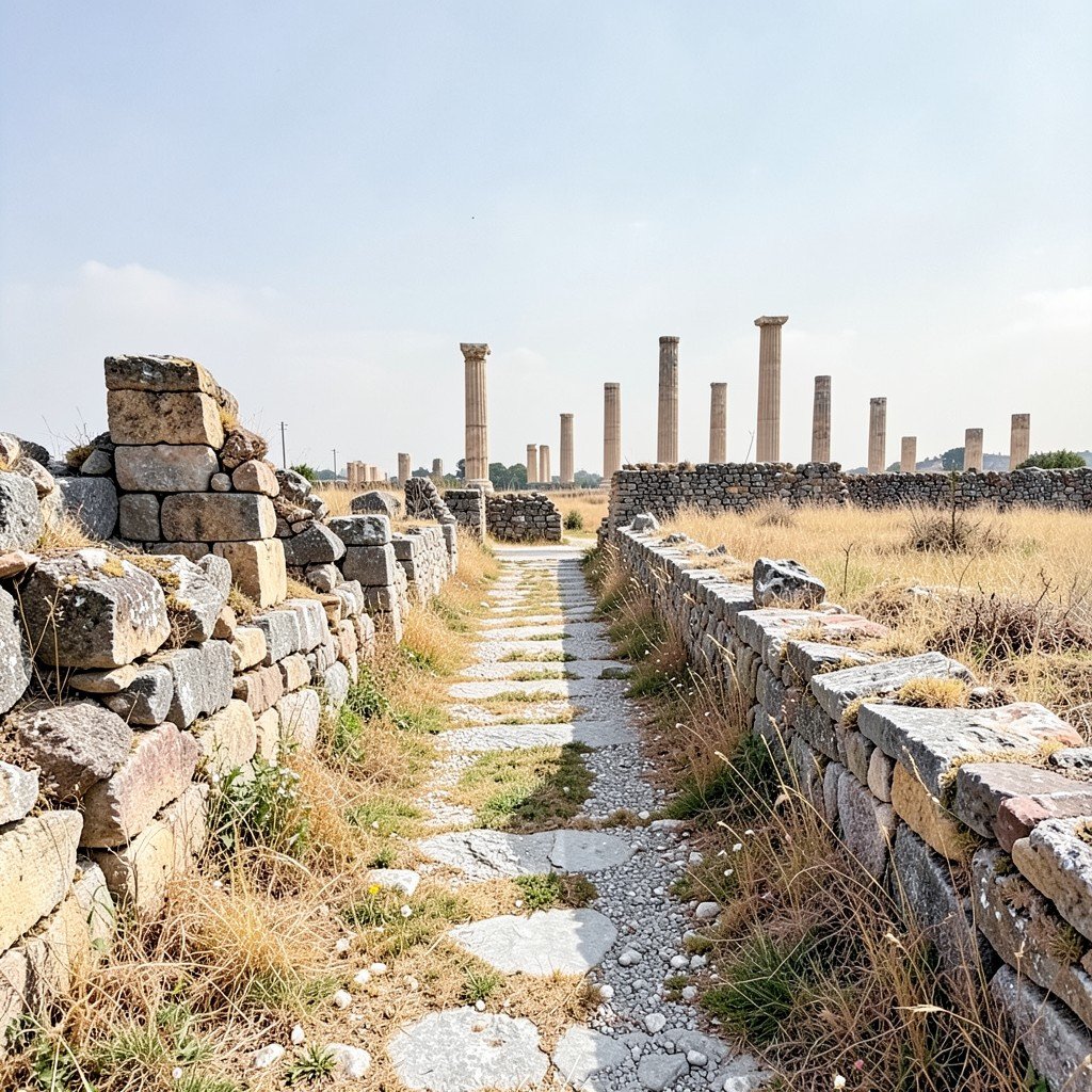 Ancient stone path and ruined walls among archaeological remains in Agrigento, dry Mediterranean grass, distant temple columns, no visible text, no logos, no watermark, aspect ratio 1:1