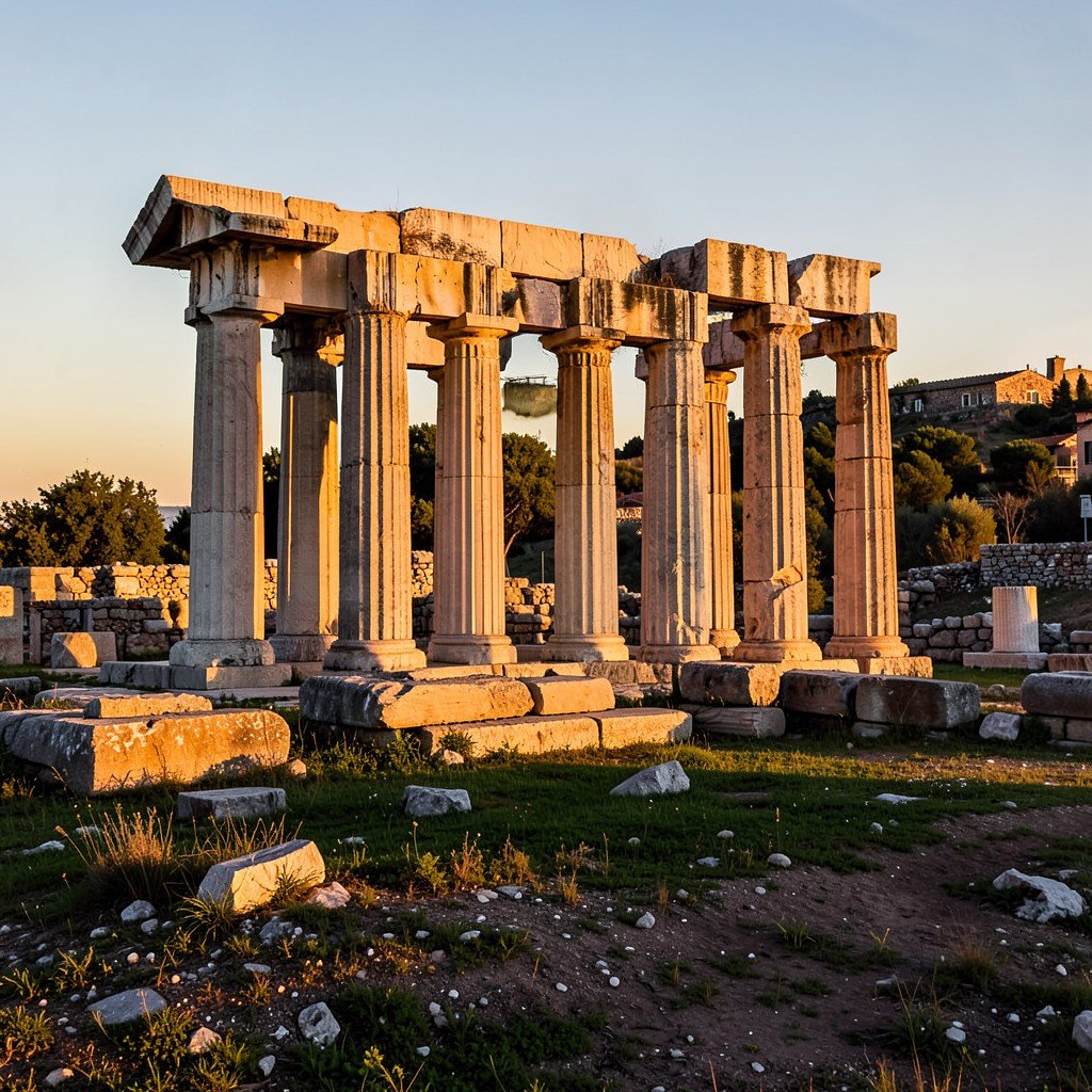 Golden hour view of ancient Greek temple ruins in Agrigento Sicily, long shadows, stone columns, peaceful archaeological landscape, no visible text, no logos, no watermark, aspect ratio 1:1