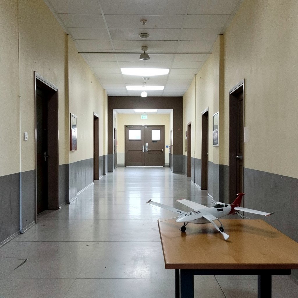 An abstract scene of a government building hallway with a model airplane on a table, no visible text, no logos, no watermark, aspect ratio 4:3