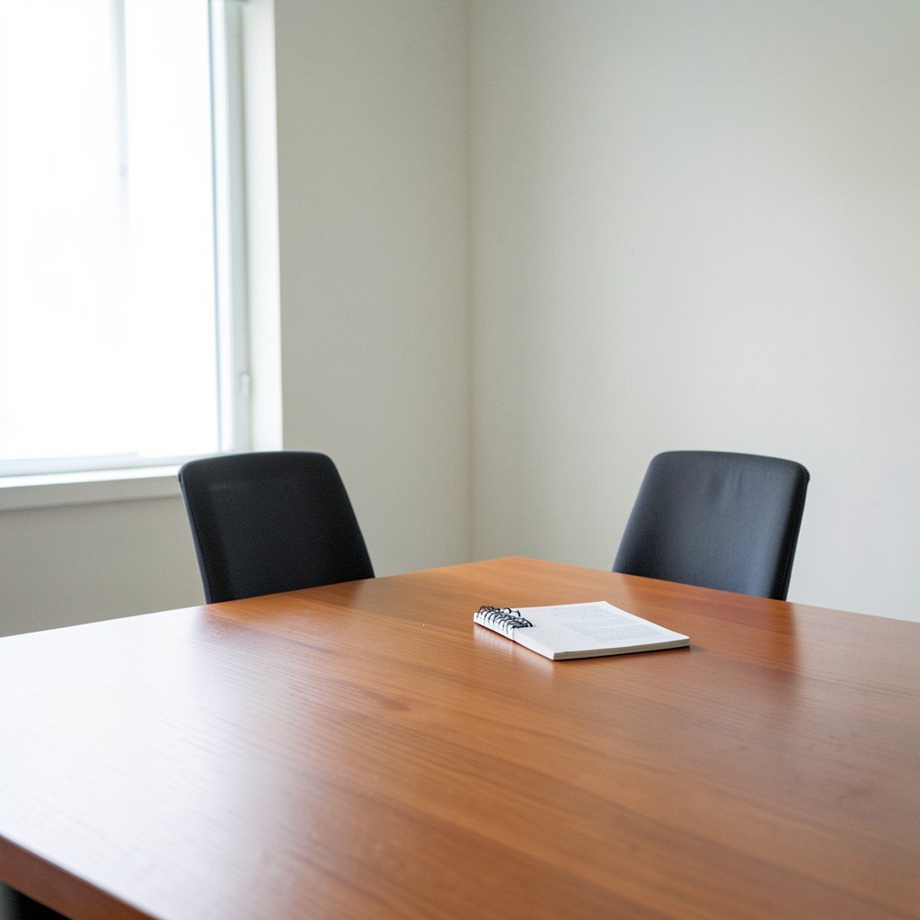 A quiet conference room with an empty chair and a notebook on a table, soft daylight, no visible text, no logos, no watermark, aspect ratio 4:3