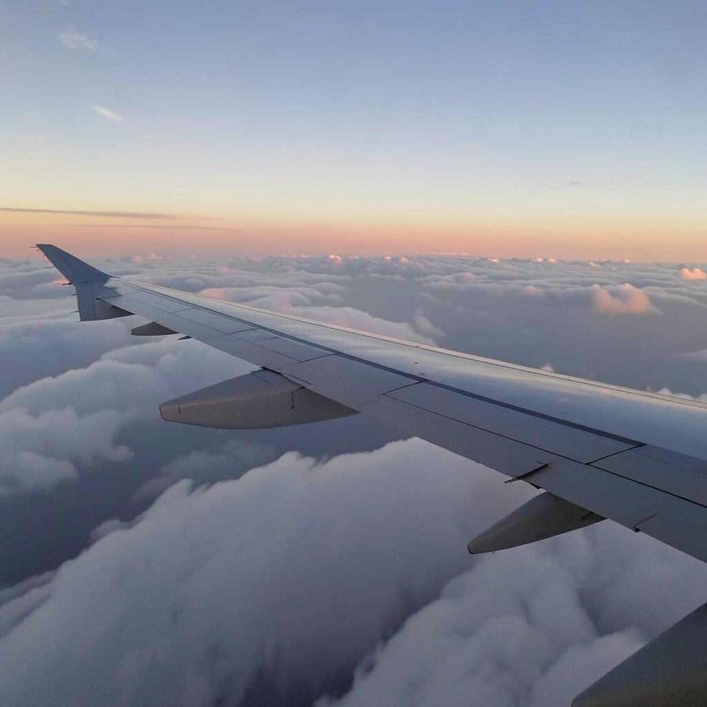 A commercial airplane wing above clouds at sunset, calm sky, no visible text, no logos, no watermark, aspect ratio 1:1