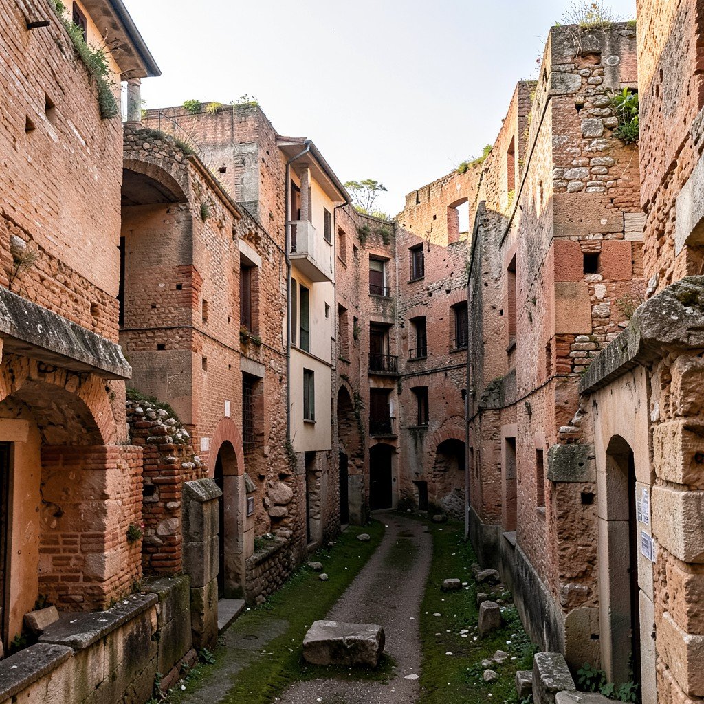 Preserved multi-story Roman residential ruins at Herculaneum with narrow alleys and ancient walls, archaeological site, soft afternoon light, no visible text, no logos, no watermark, aspect ratio 1:1