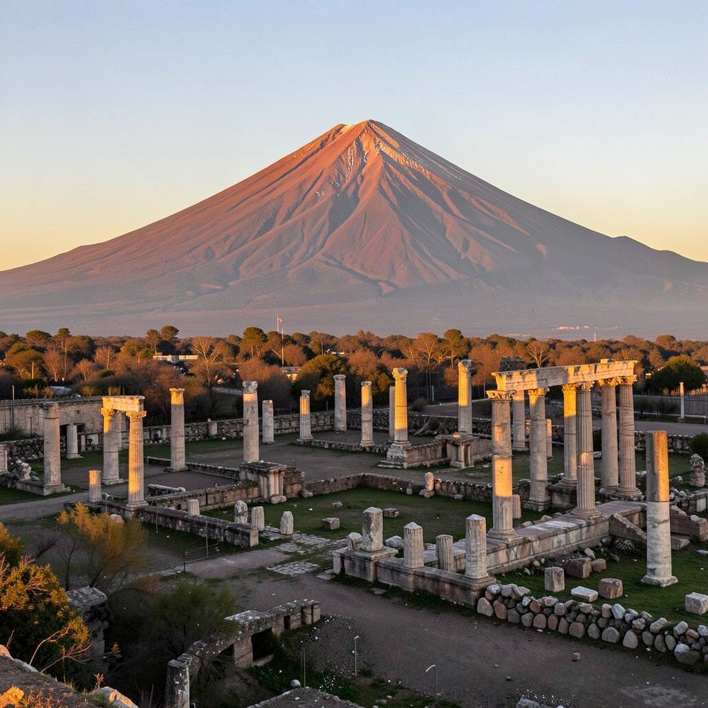 Wide archaeological landscape with ancient Roman ruins, Vesuvius volcano in the background, late afternoon golden light, no visible text, no logos, no watermark, aspect ratio 1:1