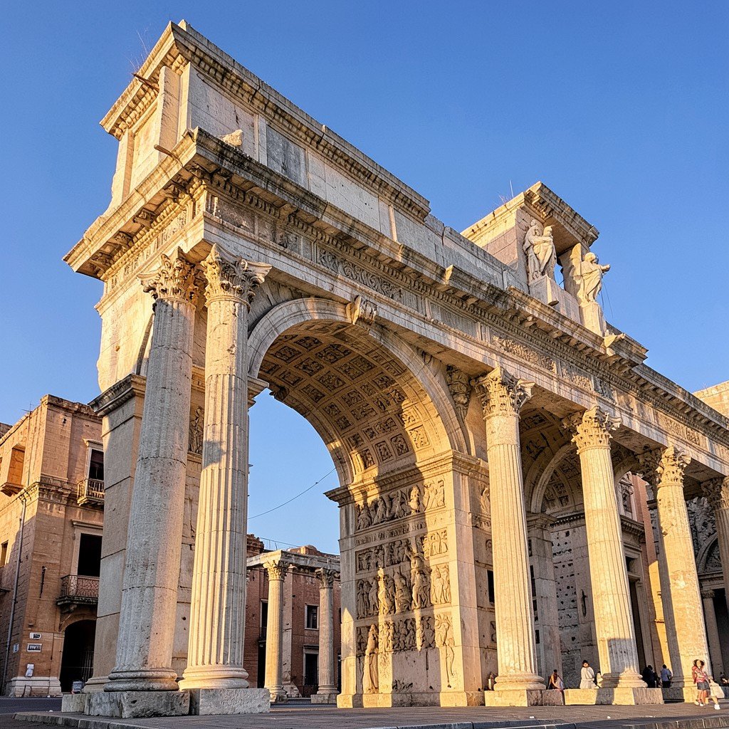 Close view of the Arch of Caracalla and standing stone columns at Volubilis, clear sky, warm natural light, no visible text, no logos, no watermark, aspect ratio 1:1