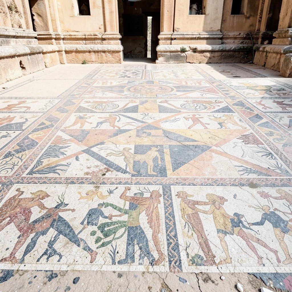 Detailed view of ancient Roman mosaic floors with geometric and mythological patterns at Volubilis, soft daylight, no visible text, no logos, no watermark, aspect ratio 1:1