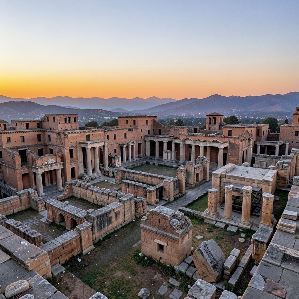 Wide view of Volubilis archaeological site at sunset with ancient ruins and distant hills, serene atmosphere, no visible text, no logos, no watermark, aspect ratio 4:3