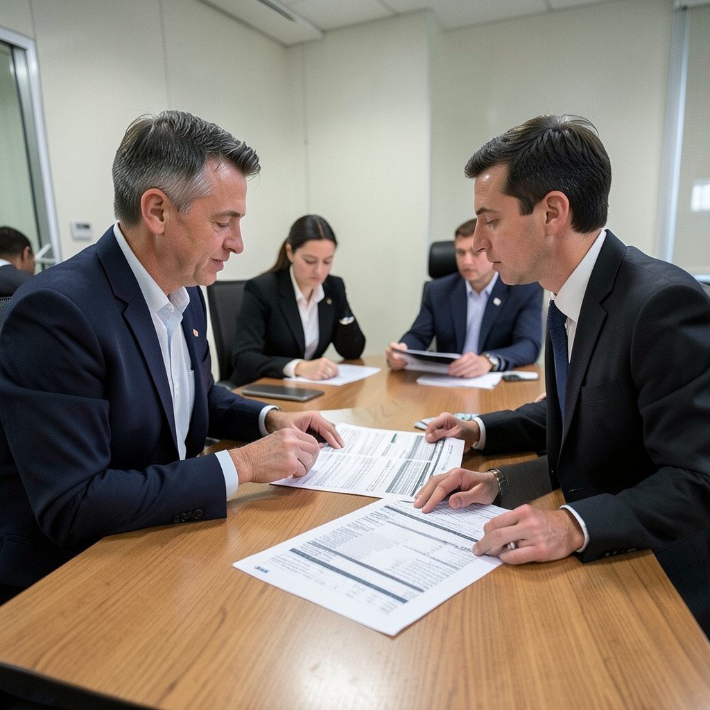 Business analysts reviewing printed earnings reports at a conference table, neutral office lighting, no visible text, no logos, no watermark, aspect ratio 4:3