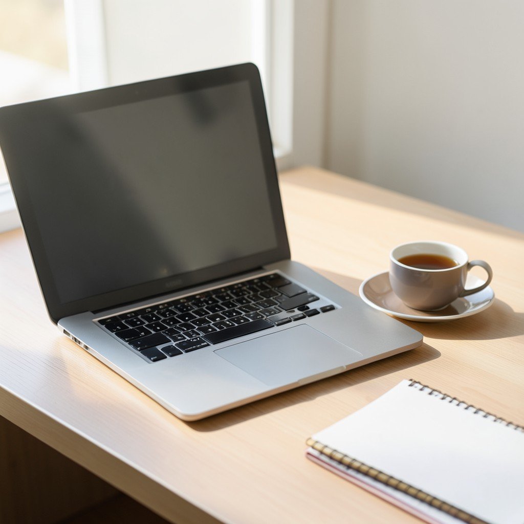 A clean desk with a laptop, notebook, and coffee, soft morning light, no visible text, no logos, no watermark, aspect ratio 1:1