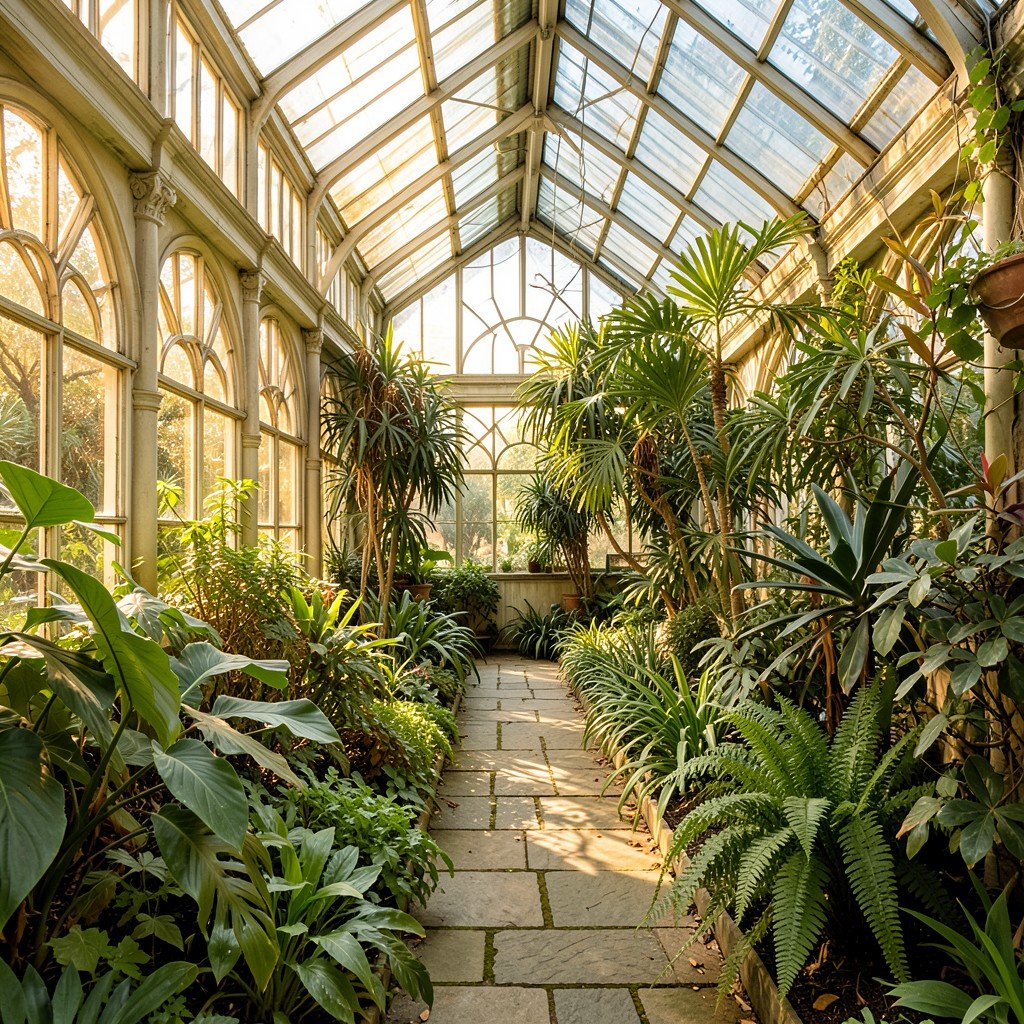 Interior of a historic botanical garden greenhouse with diverse green plants, stone pathways, arched windows, warm natural light, no visible text, no logos, no watermark, aspect ratio 4:3