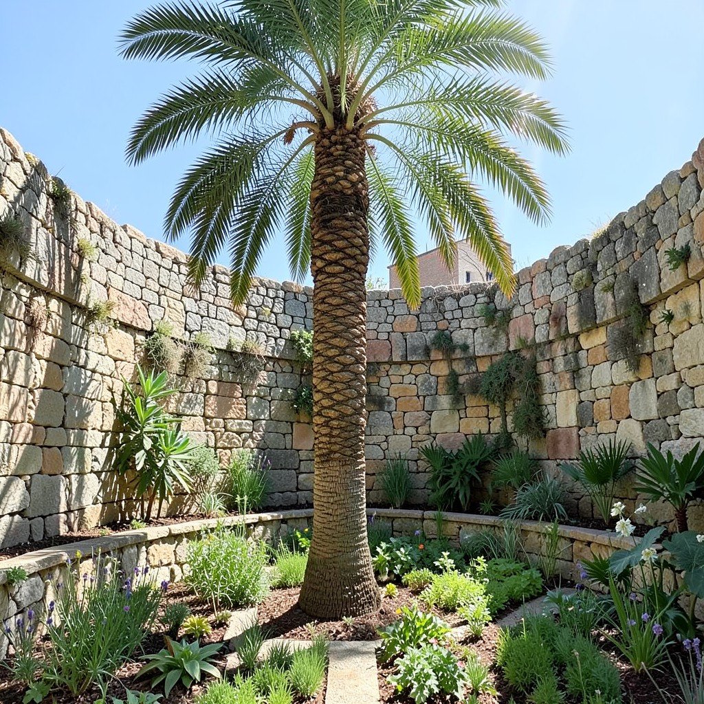 A tall historic palm tree inside a circular botanical garden courtyard, surrounded by stone walls and medicinal plant beds, sunlight and shadows, no visible text, no logos, no watermark, aspect ratio 1:1