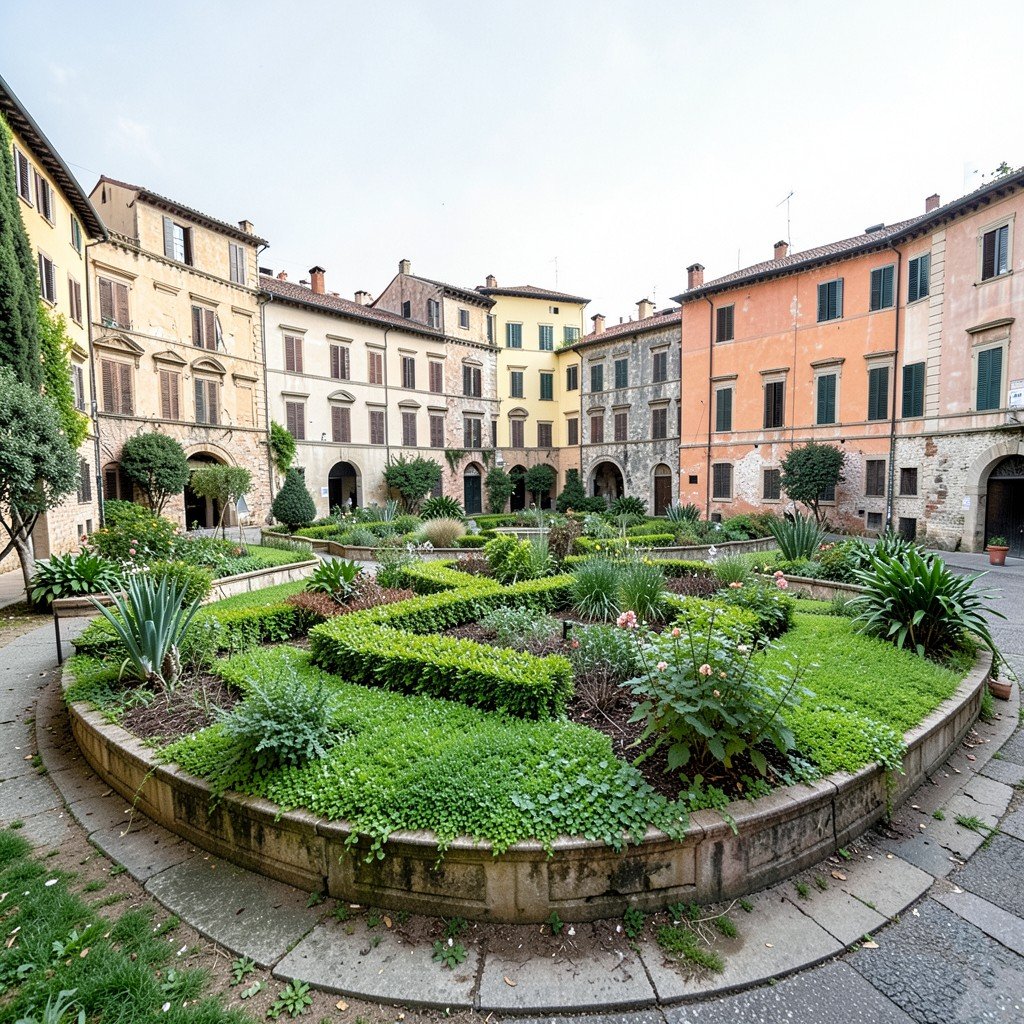 Wide view of a historic botanical garden in an Italian city, circular layout with green beds and old walls, calm atmosphere, no visible text, no logos, no watermark, aspect ratio 4:3