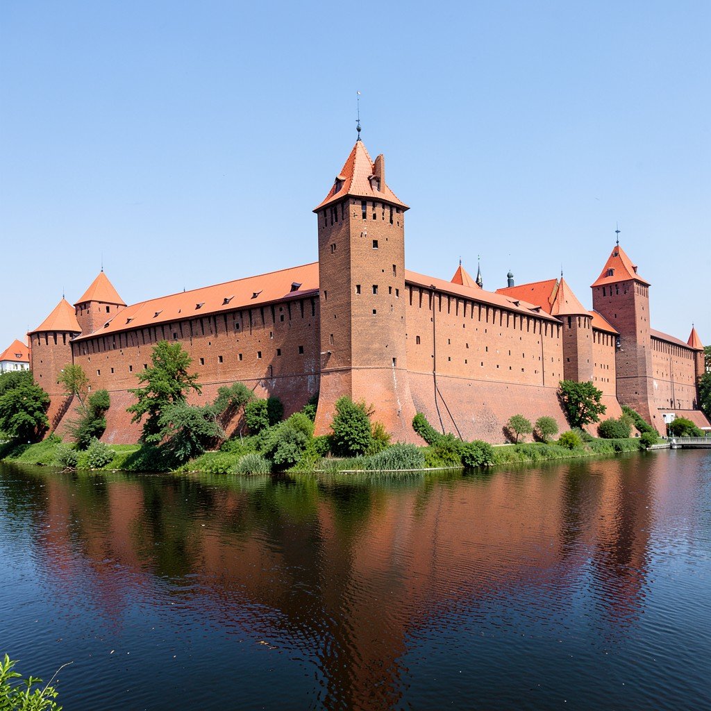 A wide view of Malbork Castle, a massive red-brick medieval fortress beside the Nogat River in Poland, under a clear sky, no visible text, no logos, no watermark, aspect ratio 4:3