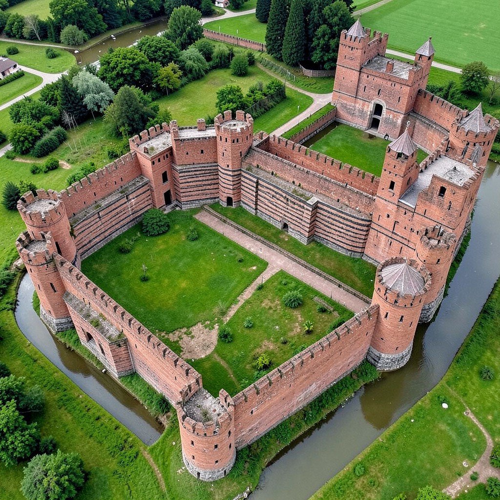High-angle view of the layered defensive walls and towers of Malbork Castle, red-brick Gothic architecture surrounded by moats and green grounds, no visible text, no logos, no watermark, aspect ratio 1:1