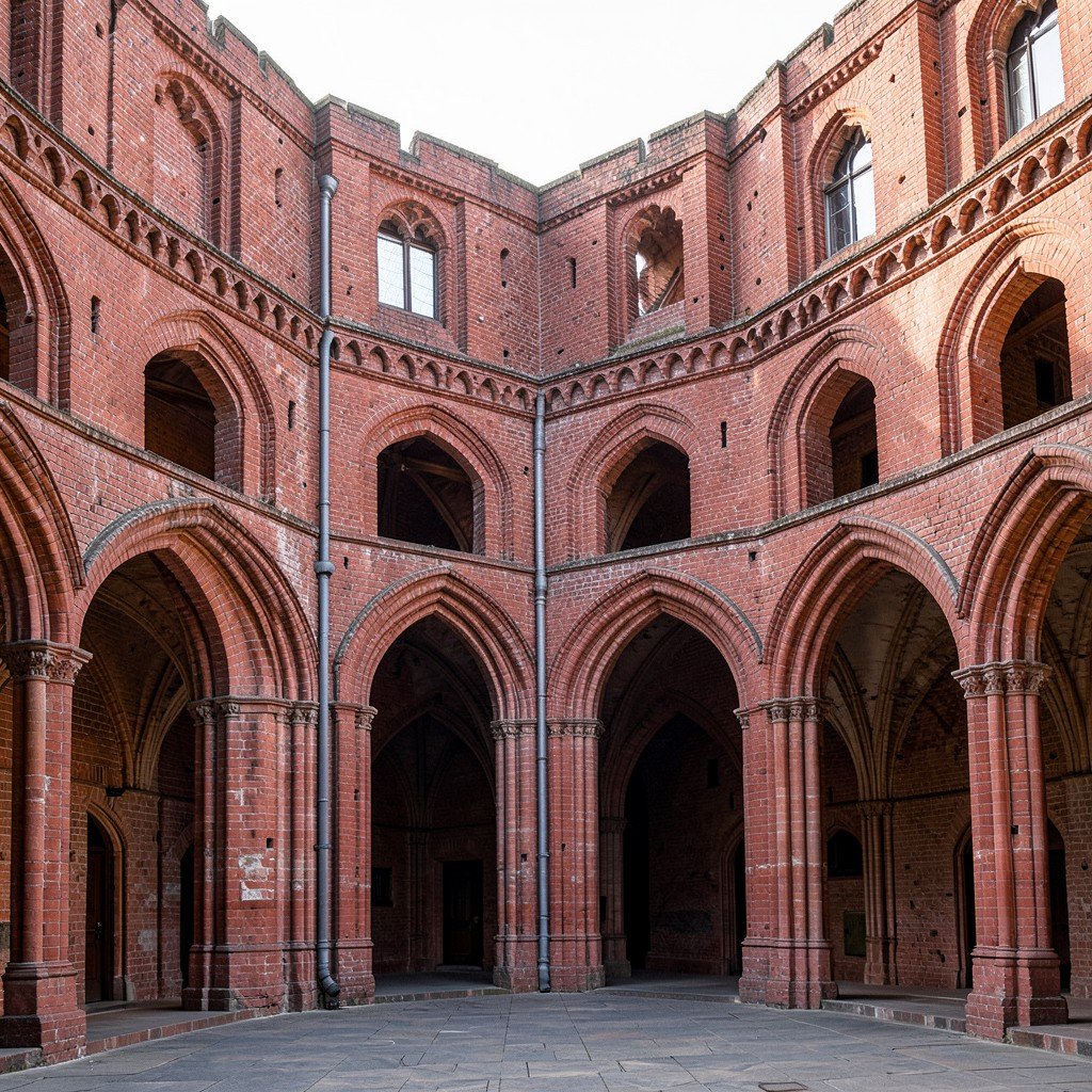 Historic red-brick courtyard and cloister of Malbork Castle, medieval Gothic arches and corridors, soft afternoon light, no visible text, no logos, no watermark, aspect ratio 4:3