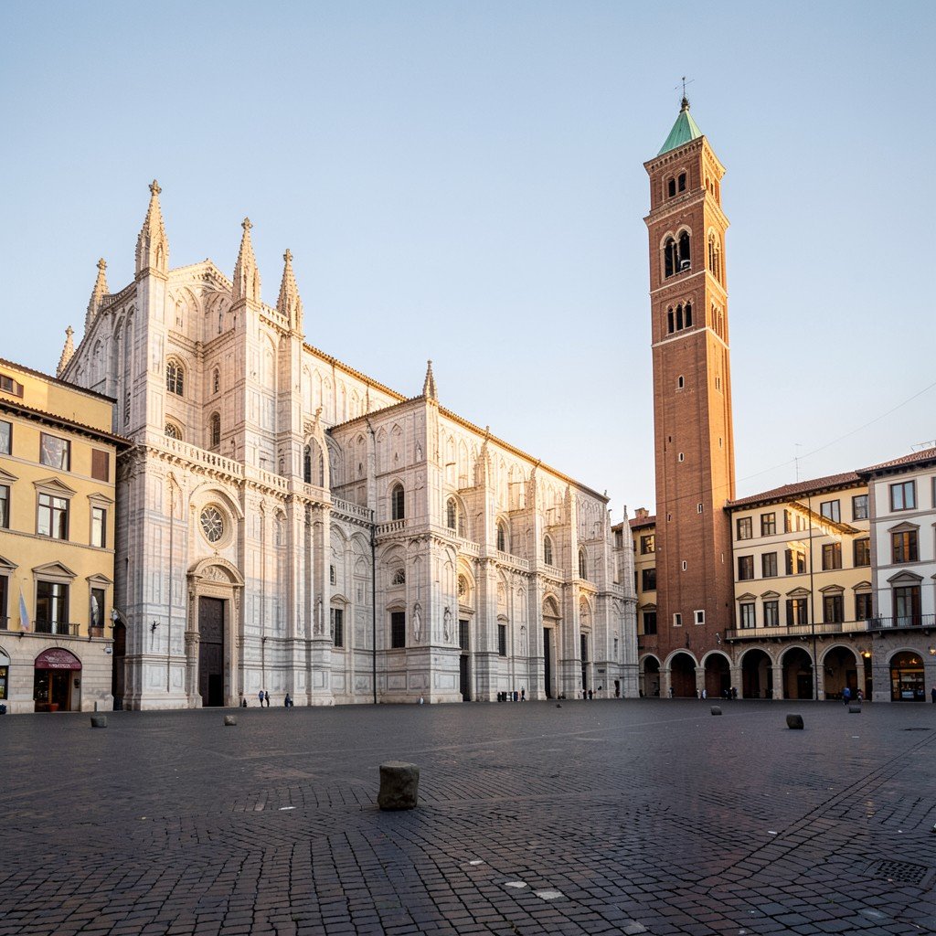 Wide view from an Italian piazza toward a Romanesque cathedral and a tall civic bell tower in Modena, balanced composition, late afternoon light, no visible text, no logos, no watermark, aspect ratio 4:3