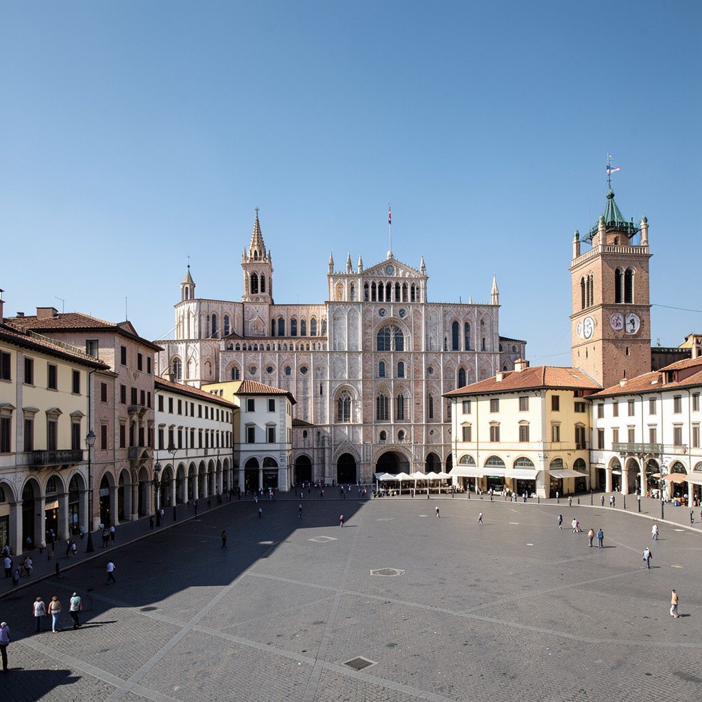 Panoramic view of the historic center of Modena with Romanesque cathedral, civic tower, and open piazza under a clear sky, urban heritage photography, no visible text, no logos, no watermark, aspect ratio 4:3