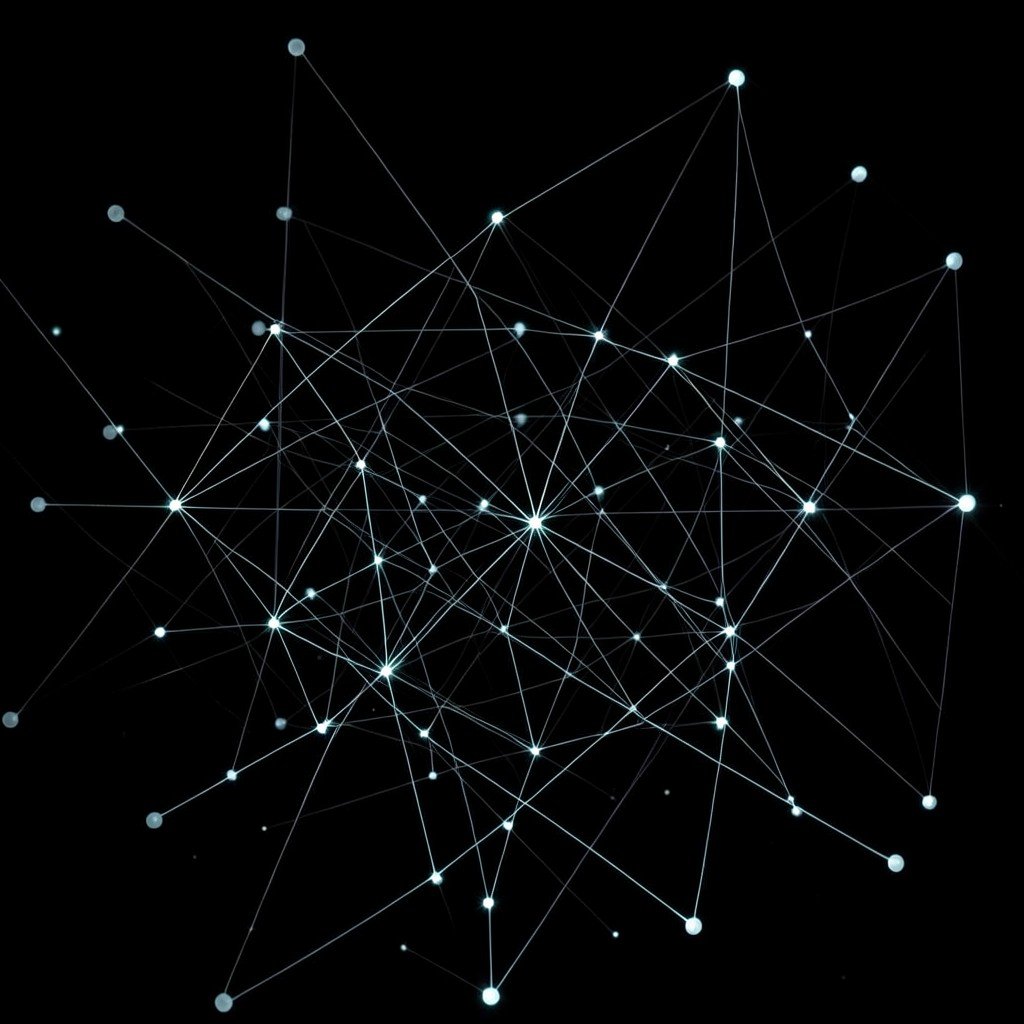 An abstract dark network of countless glowing connection lines between anonymous nodes on a black background, no visible text, no logos, no watermark, aspect ratio 1:1