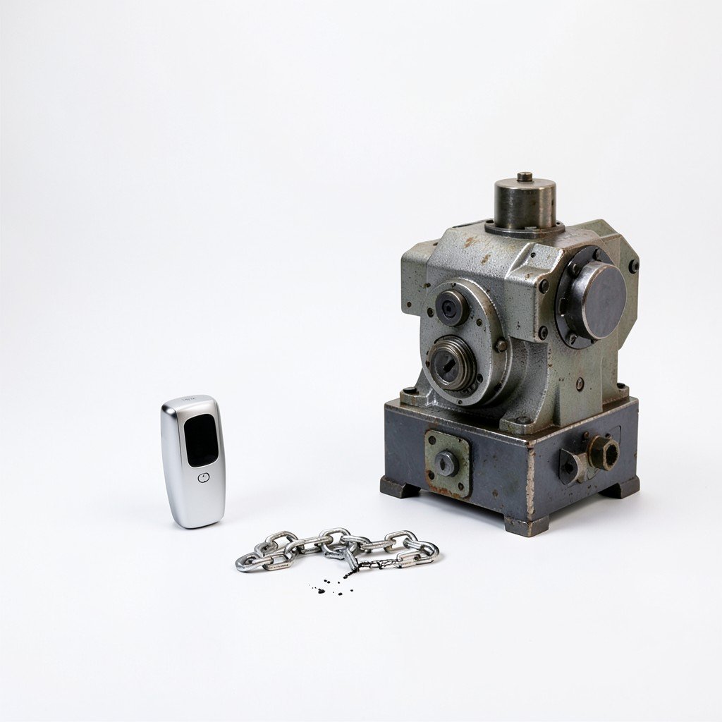 A small sleek device and a larger industrial machine side by side in a clean studio, a broken chain lying between them, no visible text, no logos, no watermark, aspect ratio 1:1