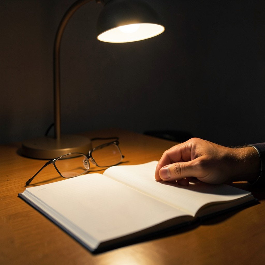 A calm desk at night with an open notebook, reading glasses and a warm lamp, a person's hand turning a page, no visible text, no logos, no watermark, aspect ratio 1:1