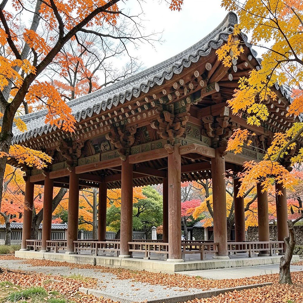 A traditional Korean palace hall with wooden columns and tiled roof surrounded by autumn trees in Changdeokgung, no visible text, no logos, no watermark, aspect ratio 4:3