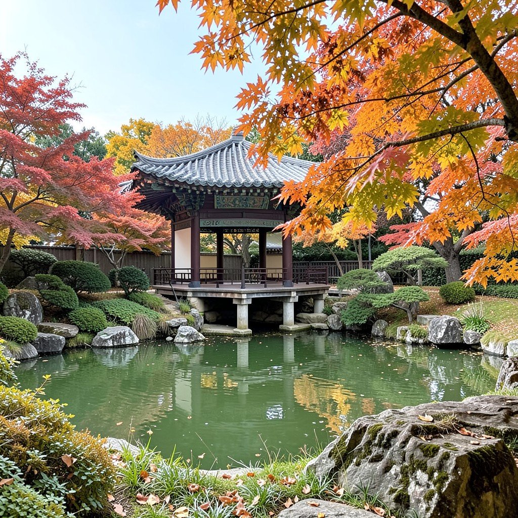 A serene Korean palace rear garden with a pavilion, pond, and autumn foliage, no visible text, no logos, no watermark, aspect ratio 4:3