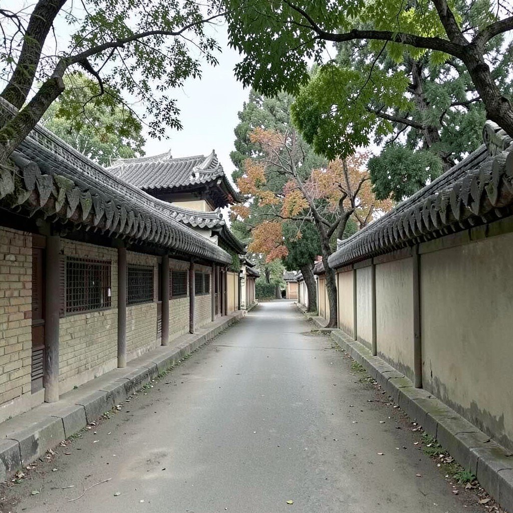 A quiet path through Changdeokgung Palace Complex with traditional roof tiles and trees, no visible text, no logos, no watermark, aspect ratio 1:1