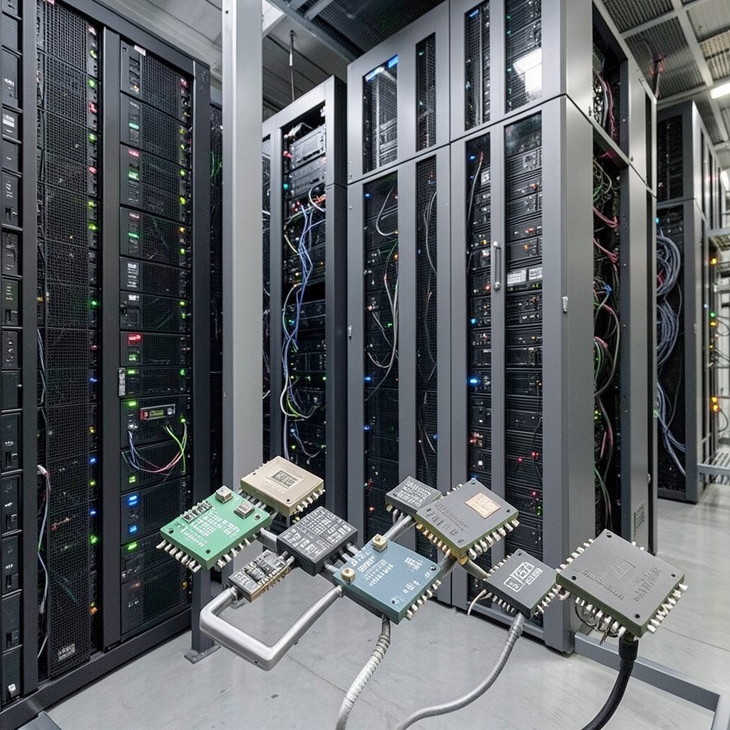Rows of server racks in a modern AI data center with analog power management chips illustrated in the foreground, no visible text, no logos, no watermark, aspect ratio 4:3