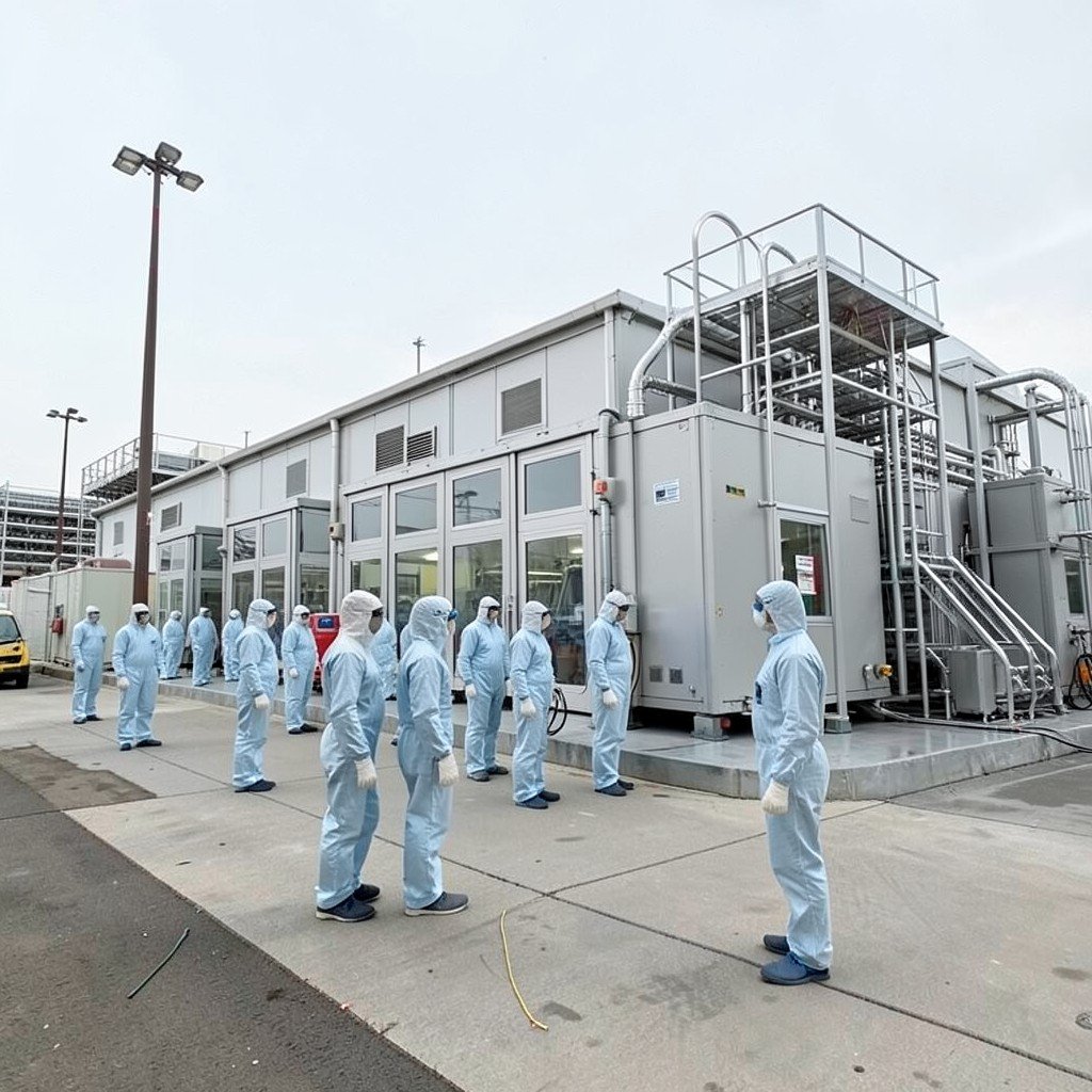 Exterior of a large semiconductor fabrication plant in Texas with clean room workers in protective suits, no visible text, no logos, no watermark, aspect ratio 4:3