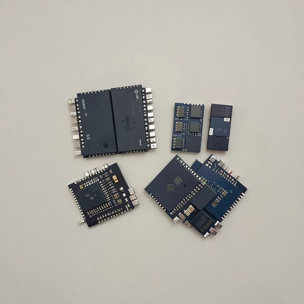 Abstract view of semiconductor supply chain with memory modules and analog chips on a neutral background, no visible text, no logos, no watermark, aspect ratio 1:1