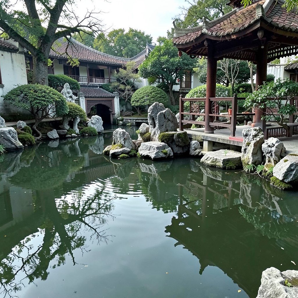 A serene classical Chinese garden in Suzhou with a pond, rockery, pavilion, and reflections, no visible text, no logos, no watermark, aspect ratio 1:1