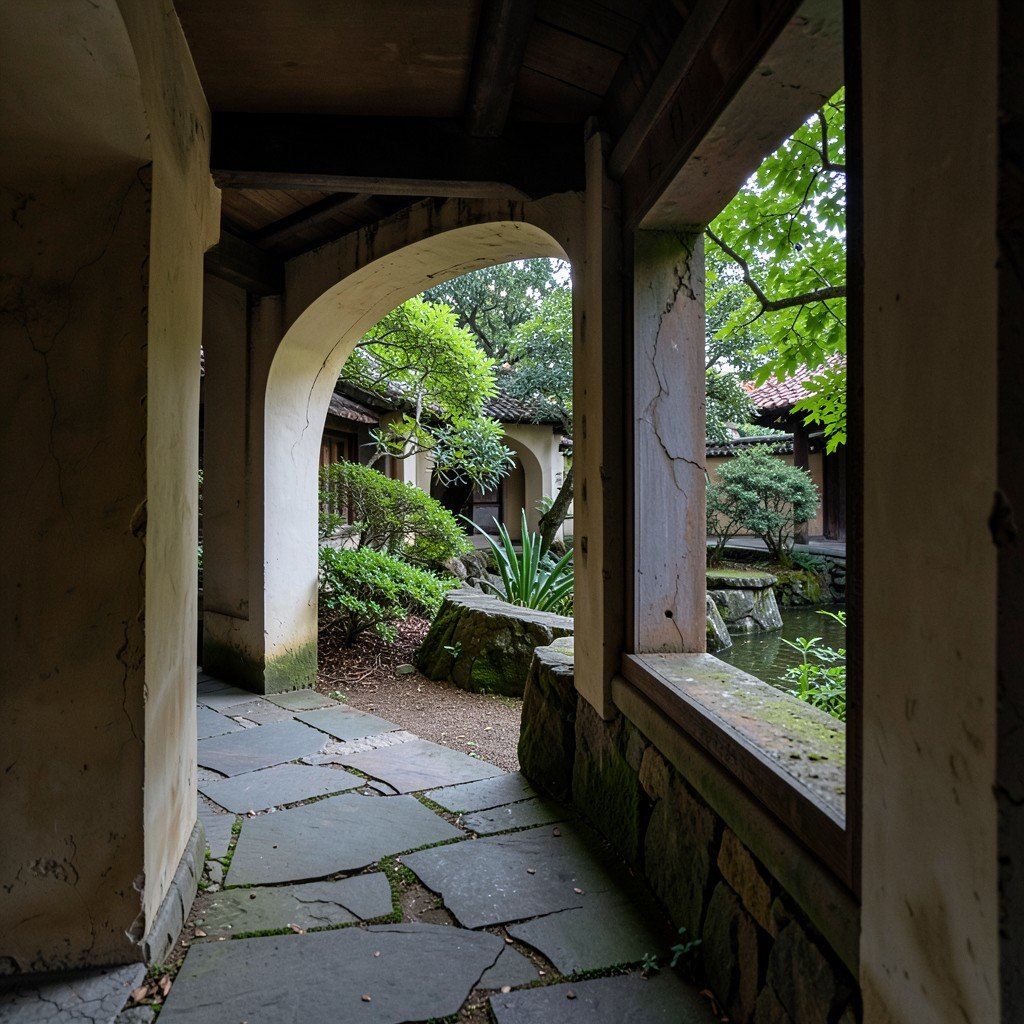 A winding corridor and framed window view in a classical Suzhou garden, with stone path and greenery, no visible text, no logos, no watermark, aspect ratio 4:3