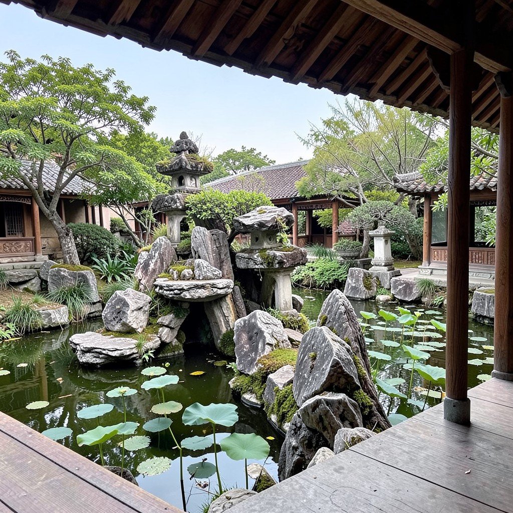 A rockery and lotus pond in a classical Chinese garden, viewed from a pavilion, no visible text, no logos, no watermark, aspect ratio 1:1