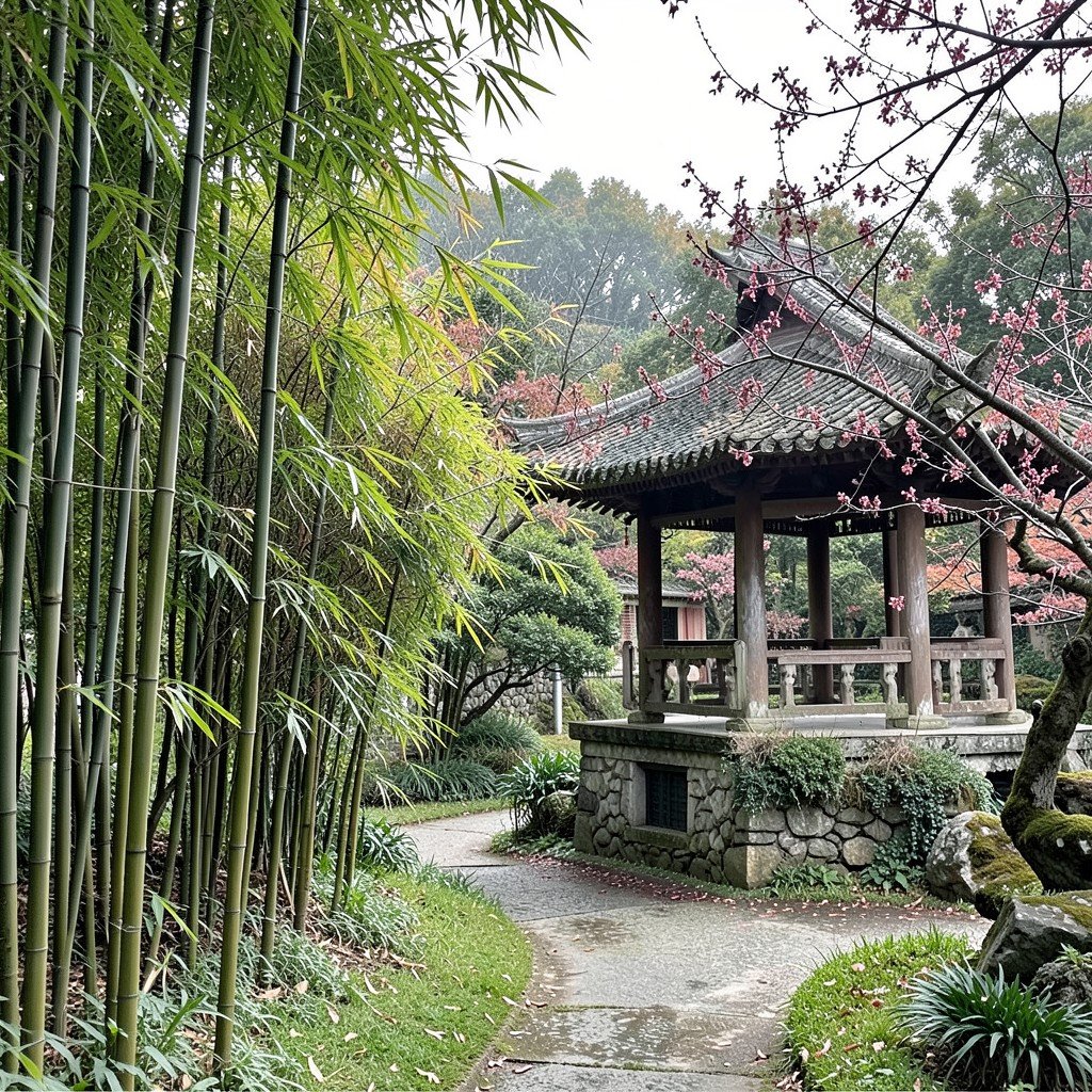 Seasonal atmosphere of a classical Suzhou garden with bamboo, plum branches, and a quiet pavilion, no visible text, no logos, no watermark, aspect ratio 4:3