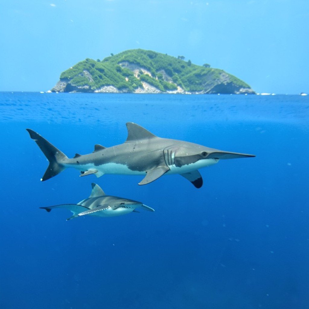 Underwater scene with hammerhead sharks and manta rays swimming in clear blue ocean around a remote island, no visible text, no logos, no watermark, aspect ratio 1:1