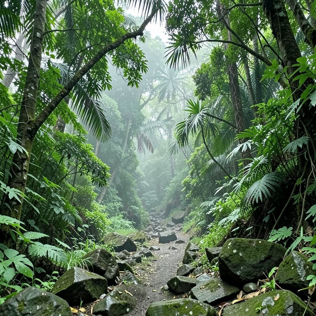 Dense green rainforest path on a remote tropical island with mist and rocky terrain, no visible text, no logos, no watermark, aspect ratio 1:1