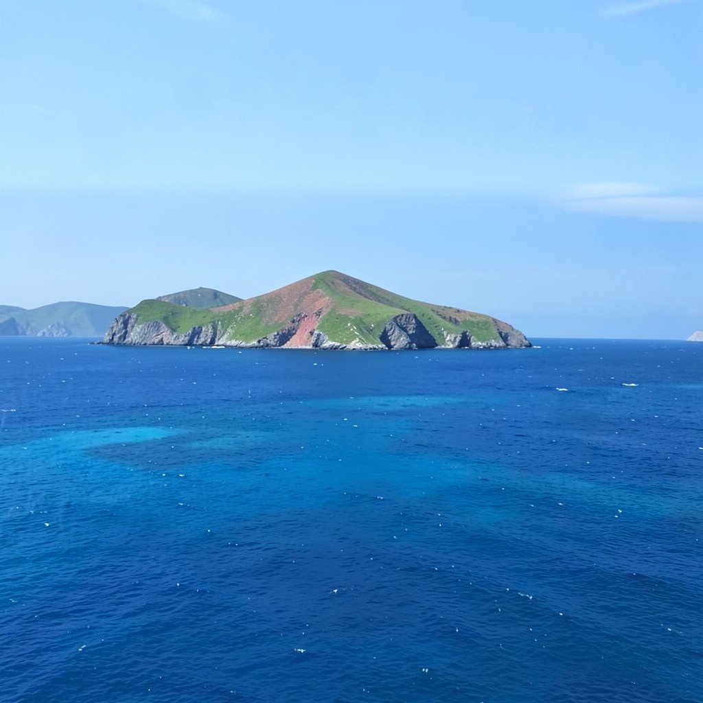 Wide ocean view around a remote volcanic island with clear blue water and distant green cliffs, no visible text, no logos, no watermark, aspect ratio 1:1