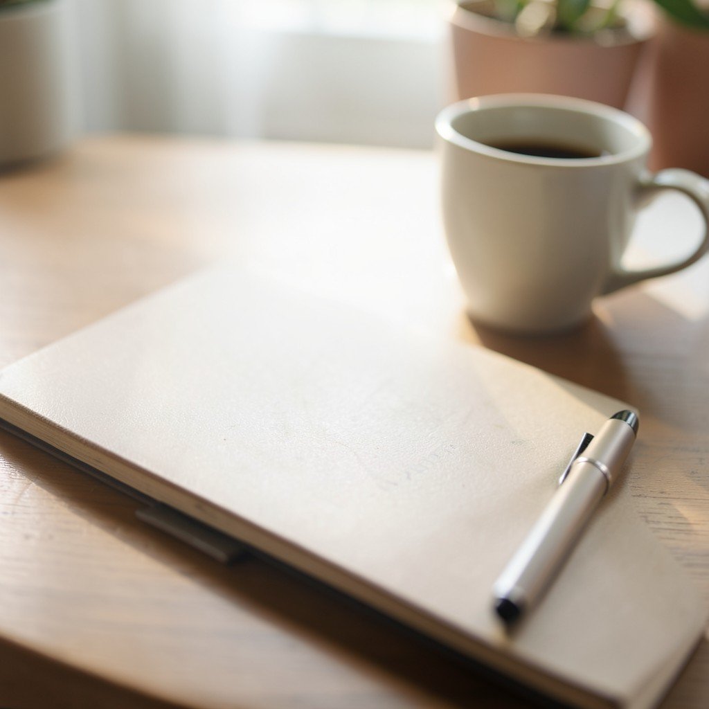 A calm desk with a closed notebook, a pen and a coffee cup, soft morning light, editorial still life, no visible text, no logos, no watermark, aspect ratio 1:1