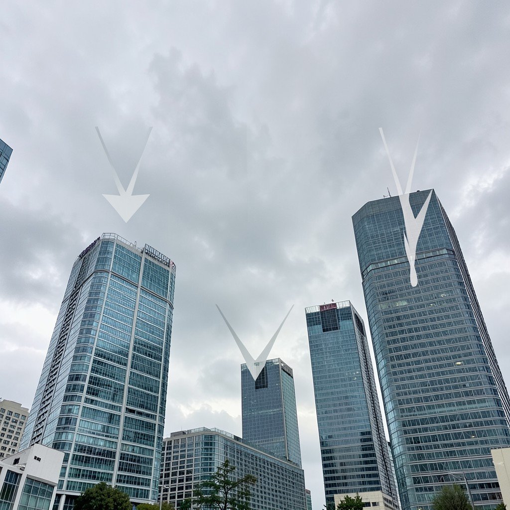 A wide view of several corporate towers under a cloudy sky with abstract downward arrows, no visible text, no logos, no watermark, aspect ratio 4:3