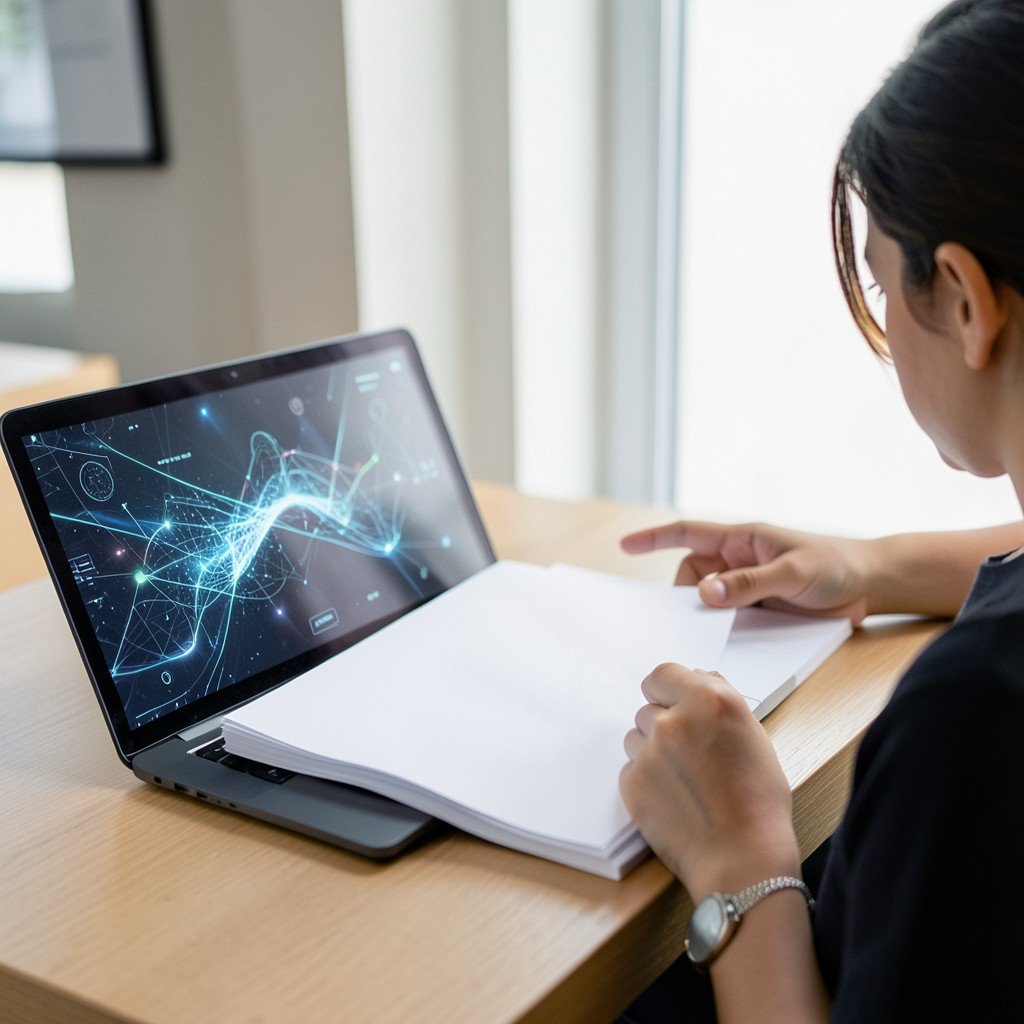 A person reviewing a blank document beside a laptop with abstract data patterns, calm office setting, no visible text, no logos, no watermark, aspect ratio 4:3