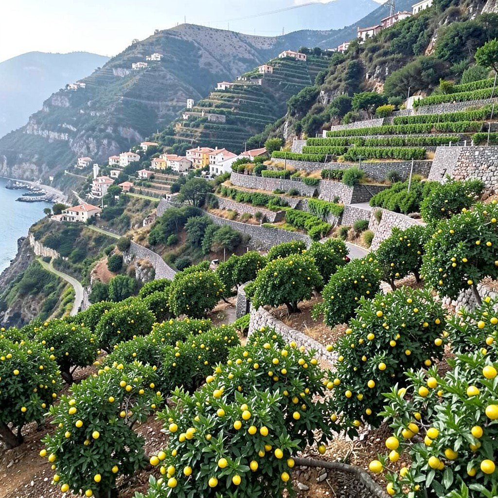 Terraced lemon groves and stone walls on steep slopes above a Mediterranean coastal village, no visible text, no logos, no watermark, aspect ratio 1:1