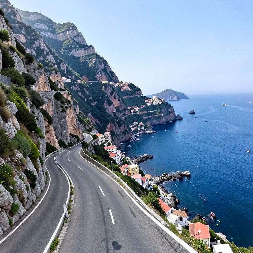 Winding coastal road along the Amalfi Coast with cliffs, sea views, and small Mediterranean buildings, no visible text, no logos, no watermark, aspect ratio 4:3