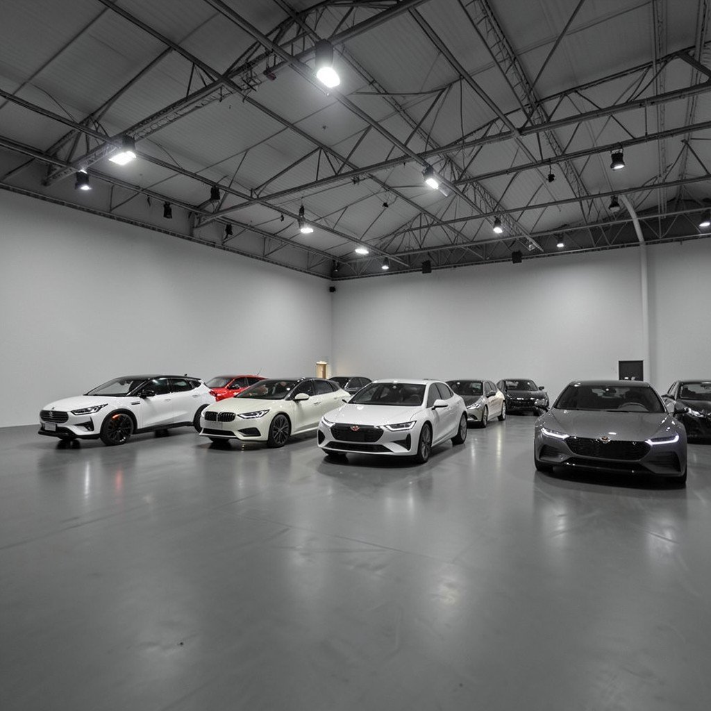 A wide indoor exhibition hall with several modern electric cars parked in a row, neutral lighting, empty background, no visible text, no logos, no watermark, aspect ratio 1:1